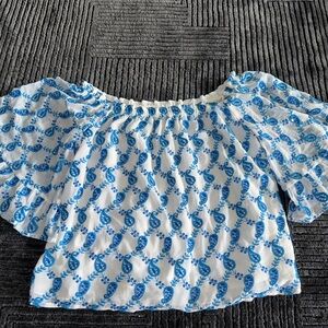 Lilly Pulitzer Blue and White Off-Shoulder Blouse